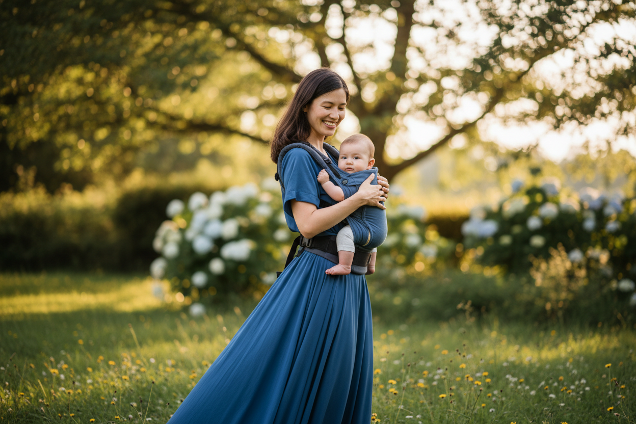 HAPPY MOTHER WEARING BLUE DRESS WITH BABY CARRIER